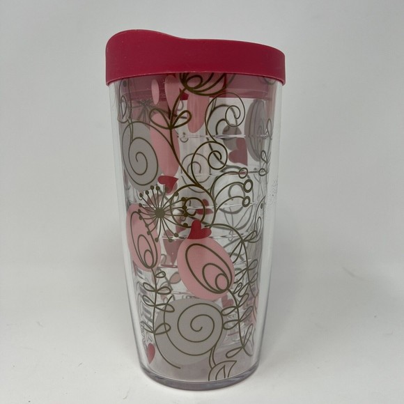 New TERVIS Swirlwind Clear Hearts Pink Swirls & Pink Lid 16 oz Insulated Tumbler - Picture 2 of 4